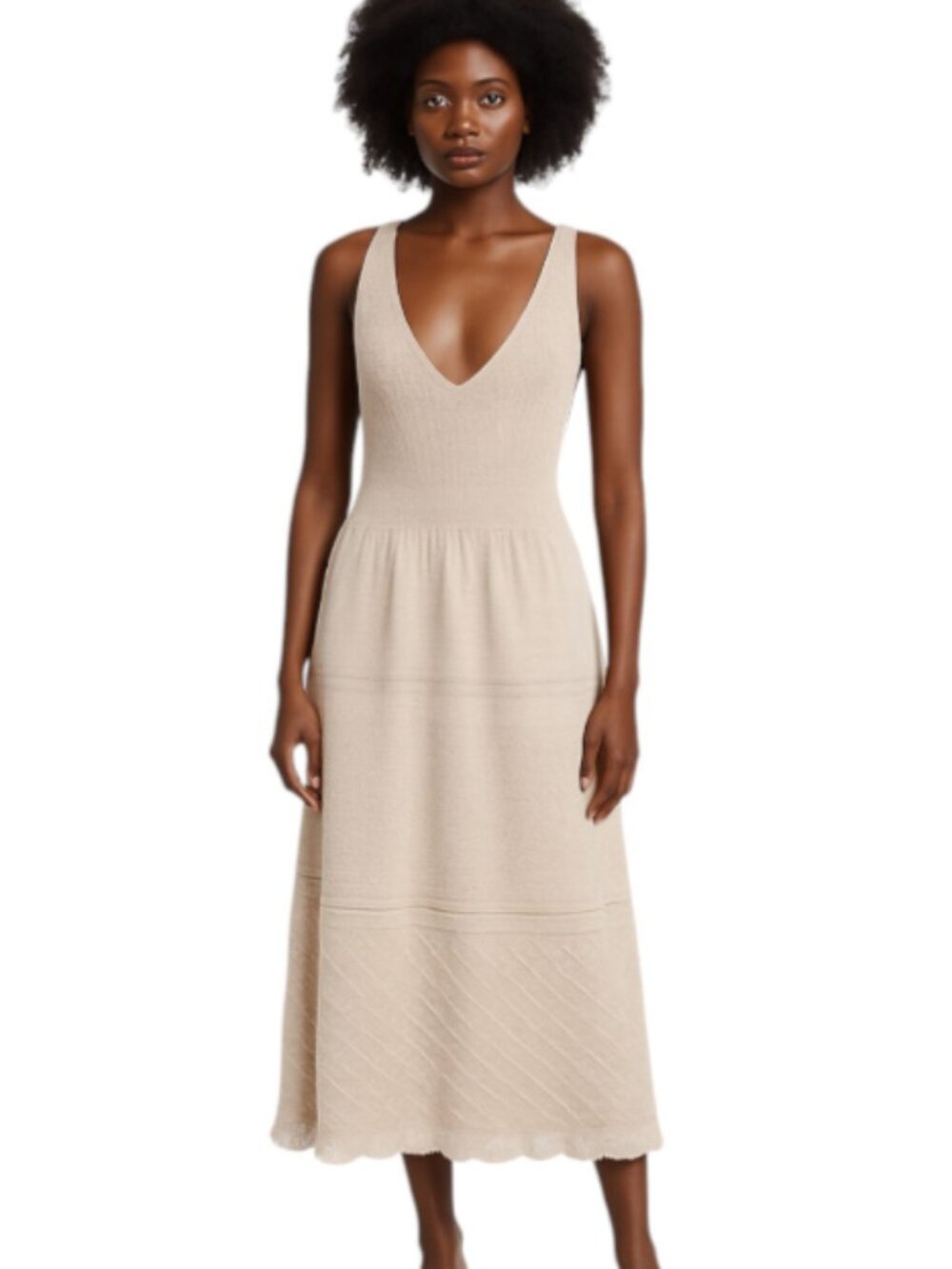 La Vie Medium Beige Cotton Knit Midi Dress RTR Ribbed Bodice Scallop Hem Party